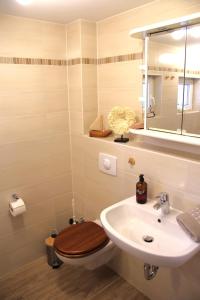 a bathroom with a toilet and a sink at Ferienhaus Hartmut Löschke in Rheinsberg +25 photos