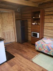 a kitchen with a refrigerator and a bed in a room at Köleri B&B in Suure-Jaani