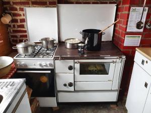 a kitchen with two pots and pans on a stove at Zavetišče pod Špičko in Soča