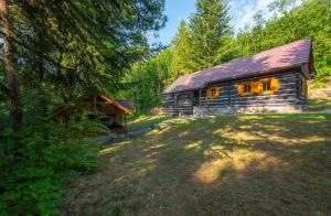 a log cabin in the middle of a forest at Chata a Chalety Starý mlyn in Veľká Franková