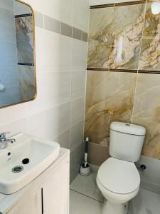 a bathroom with a white toilet and a sink at Solovina Guest House in Foso +21 photos