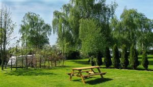 a wooden picnic table in a park with trees at Camping de Boerenzwaluw in Zijdewind