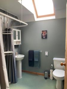 a bathroom with a white toilet and a sink at Jakels Rest in Lairg