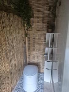 a white toilet in a room with a wall at L insolite in Maxent