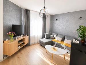 a living room with a couch and a tv at Zen Retreat House Sovata in Sovata