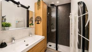 a bathroom with a sink and a shower at L'Éclat Céleste - Parking Gratuit et Securisé - Vue Panoramique - Wifi Fibre - Idéal Professionnel ou Escapade à Deux in Grenoble +9 photos
