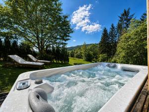 ein Whirlpool mit Wasser in einem Garten in der Unterkunft Chaly in Stoumont