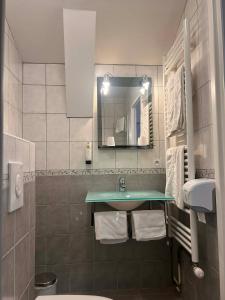 a bathroom with a sink and a mirror at Logis Hôtel Restaurant Les Cévennes in Saint-Cirgues-en-Montagne