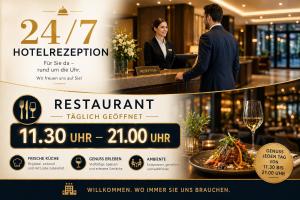 a poster for a restaurant with two men standing at a counter at AUSZEIT DAS HOTEL Asbach-Bäumenheim & AUSZEIT DAS RESTAURANT in Asbach-Bäumenheim