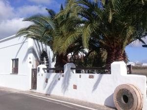 a white building with palm trees behind a wall at Casa Rural "La Molina" in Máguez