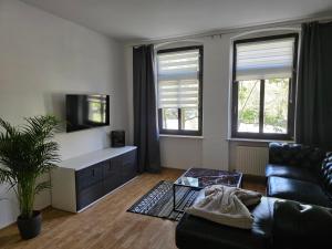 a living room with a couch and a tv at FEWO Civrilli 1 Zeitz in Zeitz