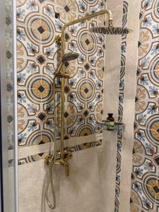 a shower in a bathroom with a tile wall at Mikpritja Korçë in Korçë