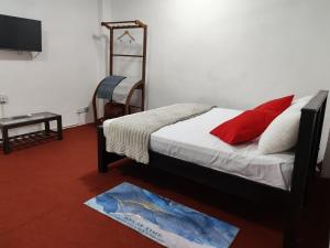 a bedroom with a bed with red pillows and a television at Sri VK Residency - Buget Friendly Colombo Hotel in Colombo