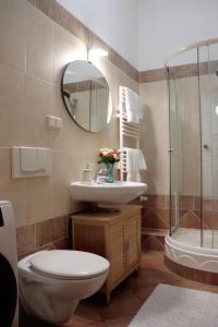 ein Badezimmer mit Toilette, Waschbecken und Dusche in der Unterkunft Altmarktstudio1 in Cottbus + 13 Fotos