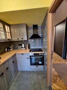 a kitchen with white cabinets and a stove top oven at Golubac Bay Apartment in Golubac