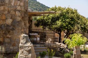 a house with a stone wall and a tree at Les Paillers de Bodri - Vue mer et piscine - Adults Only in Corbara