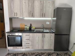 a kitchen with a stainless steel refrigerator and a sink at Mok's House in Kavála