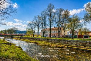 a river in front of a building and trees at Apartmány Promenáda in Trutnov