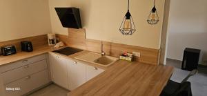 a kitchen with a sink and a wooden counter top at Maison d' Adèlbraz in Voulaines