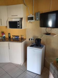 a small kitchen with a stove and a microwave at Qbela in Phuthaditjhaba