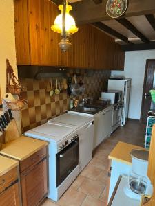a kitchen with white appliances and wooden cabinets at La Régalade, Pyrénées in Sorgeat +14 photos
