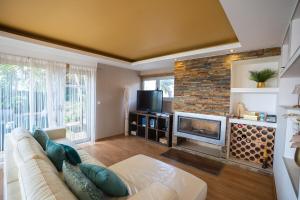 a living room with a couch and a fireplace at Torres Vedras House in Silveira