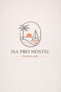 a logo for a hotel with a palm tree and a sailboat at Isa Pro hostel panglao in Sampong