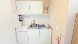 a small kitchen with white cabinets and a sink at Stettiner Str 6b in Grömitz +12 photos