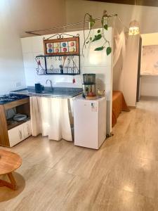 a kitchen with a counter and a refrigerator in a room at Pousada Jardim da Vida in Palmeiras +32 photos