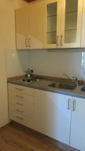 a kitchen with white cabinets and a sink at Tildes Apartments in Reifnitz +6 photos