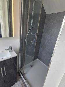 a shower with a glass door in a bathroom at The Fox Apartment LBA in Horsforth