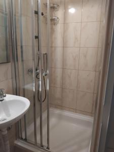 a shower with a glass door next to a sink at Pansion Panorama Dubrovnik's Most Beatiful Sea View in Dubrovnik