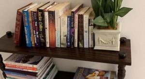 a book shelf filled with books and a potted plant at Deluxe Queen Room in Perth