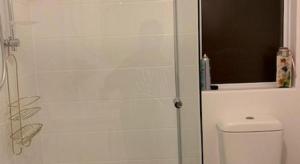 a bathroom with a glass shower with a toilet at Deluxe Queen Room in Perth +3 photos