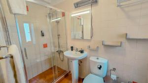 a bathroom with a toilet and a sink and a shower at Évora City Break Apartment with Patio in the Historic Centre in Évora +30 photos