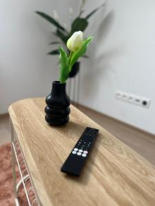 a black vase with a flower in it next to a remote control at Main Square Olive Studio in Trnava