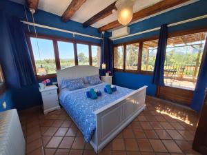 ein Schlafzimmer mit blauen Wänden und einem Bett mit blauen Kissen in der Unterkunft Mas Valoria in Peratallada + 67 Fotos