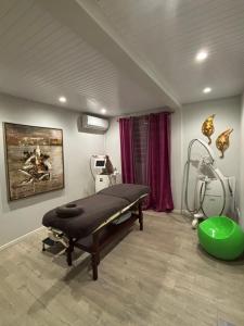 a hospital room with a bed and a green ottoman at Studio Zen Caza Form -Option Spa Sauna au jardin in Le Lamentin