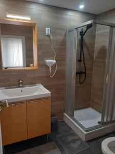 a bathroom with a shower and a sink at Doppelbett Zimmer mit Boxspringbett in Weiden