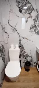 a white toilet in a bathroom with a marble wall at Ninho da Avó Selvagem in Montalegre