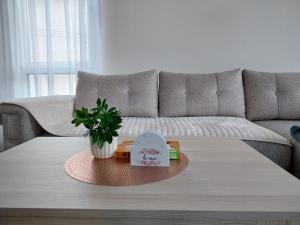 a living room with a table and a couch at Vila Ella Mavrovo in Mavrovo