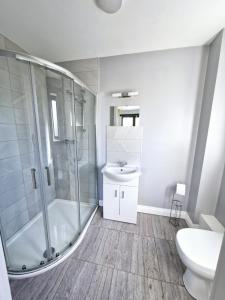 a bathroom with a shower and a sink and a toilet at Parochial View in Athboy +27 photos
