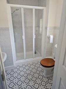 a bathroom with a shower with a toilet and a sink at The Martins B&B in Chelsworth