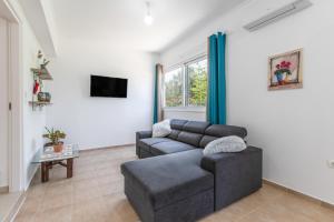 a living room with a couch and a tv at Stella's Olive Tree House in Adelianos Kampos