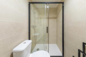 a bathroom with a shower and a white toilet at Urban Nest in Sevran