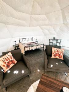 a living room with two couches and a bed at Chief Mountain Cabins in Carway +15 photos