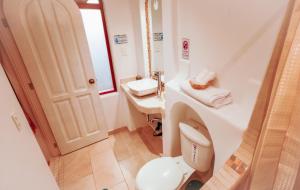 a bathroom with a white toilet and a sink at Casa Lucía Hotel by Las Plazas in Quito +50 photos