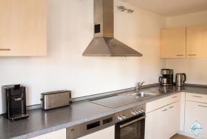 a kitchen with a sink and a stove at Aviva ANKERPLATZ - Familien-Oase mit Gartenterrasse und 2 Schlafzimmern in Bodman-Ludwigshafen