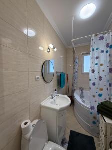 ein Badezimmer mit Waschbecken, Toilette und Badewanne in der Unterkunft Mary's Studio in Ipoteşti + 14 Fotos