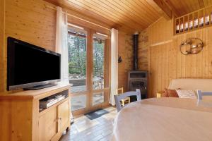 a living room with a television on a wooden wall at Petite Villa Mitoyenne Dans Pinède in Lacanau-Océan